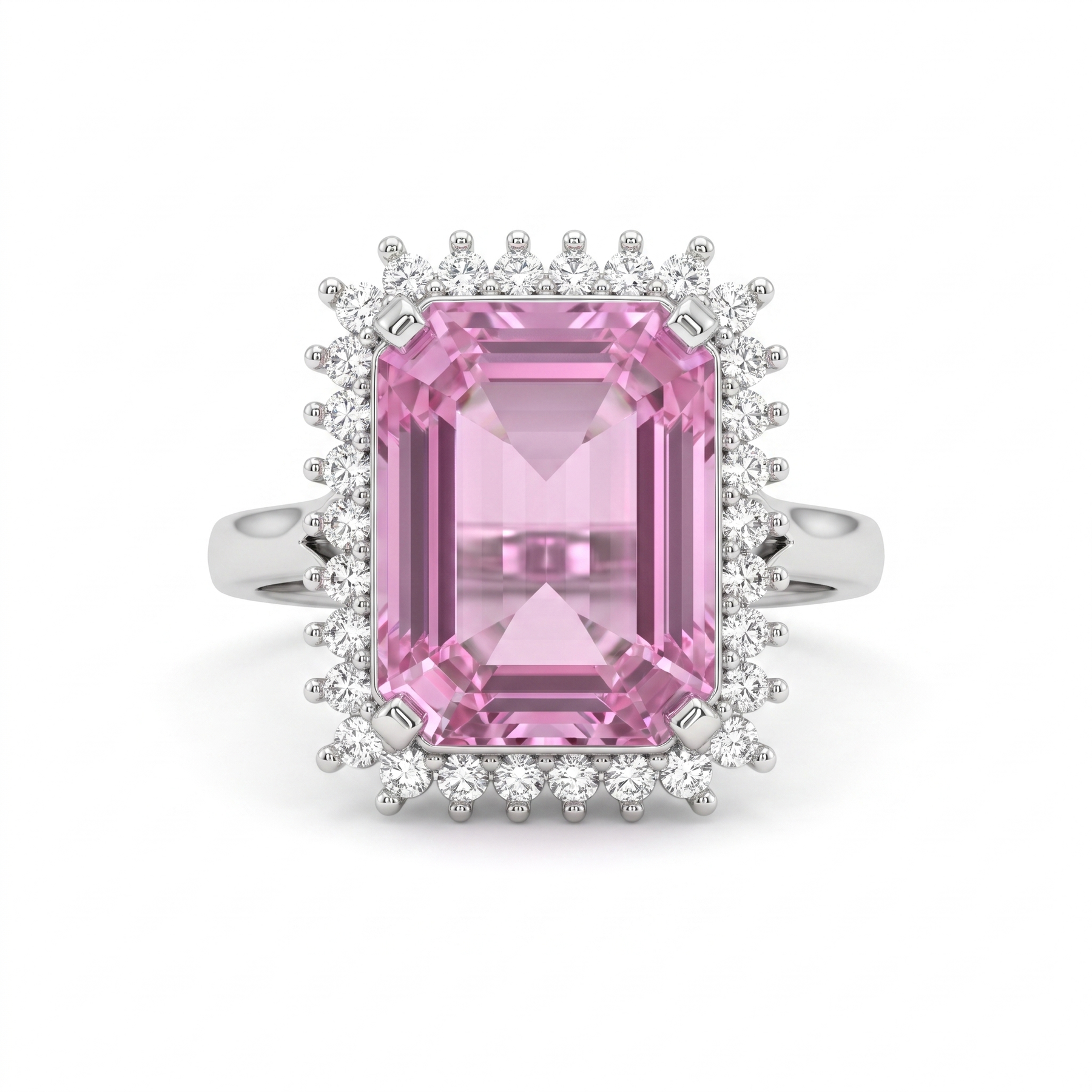 Emerald-Cut Pink Stone Halo Statement Ring in 925 Sterling Silver