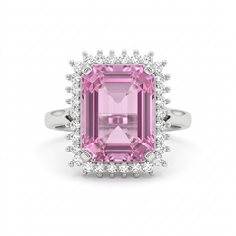 Emerald-Cut Pink Stone Halo Statement Ring in 925 Sterling Silver