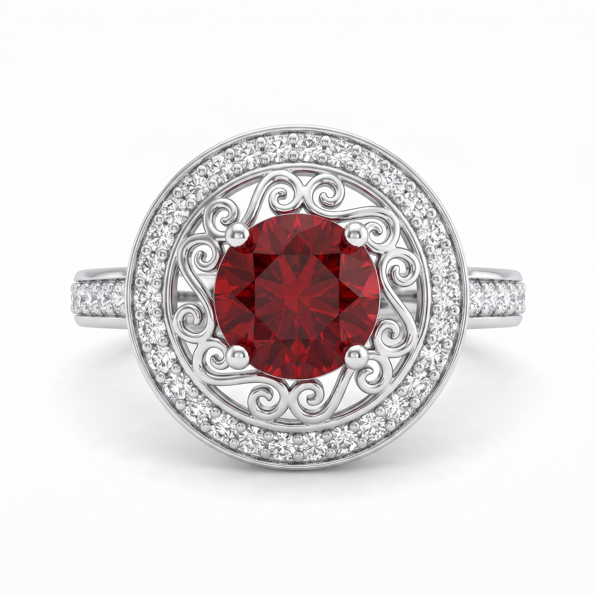 Red Round Stone Filigree Halo Ring in 925 Sterling Silver Main image