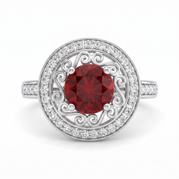 Red Round Stone Filigree Halo Ring in 925 Sterling Silver