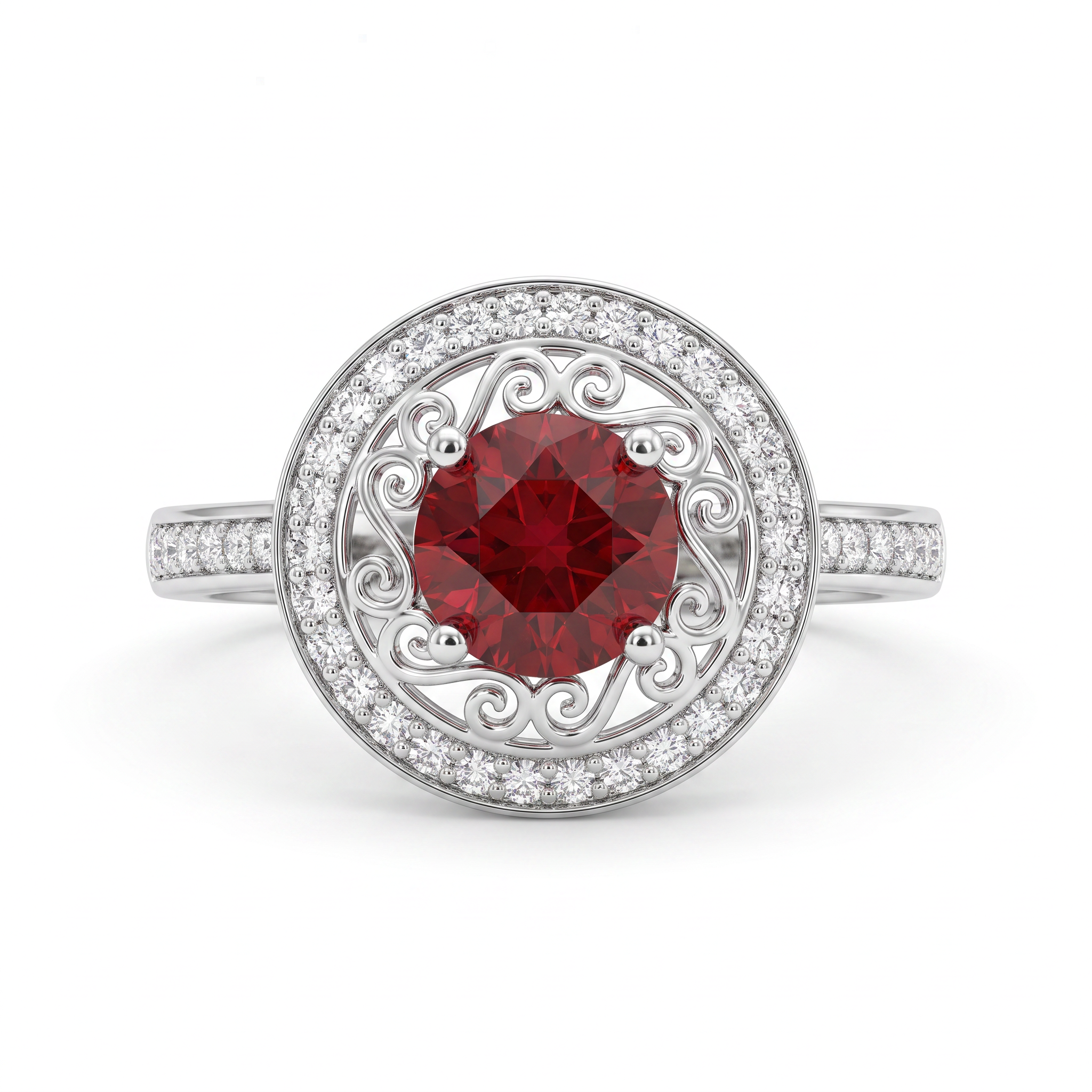Red Round Stone Filigree Halo Ring in 925 Sterling Silver Secondary image