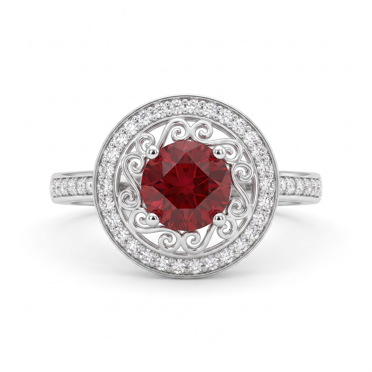 Red Round Stone Filigree Halo Ring in 925 Sterling Silver