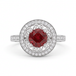 Red Round Stone Filigree Halo Ring in 925 Sterling Silver