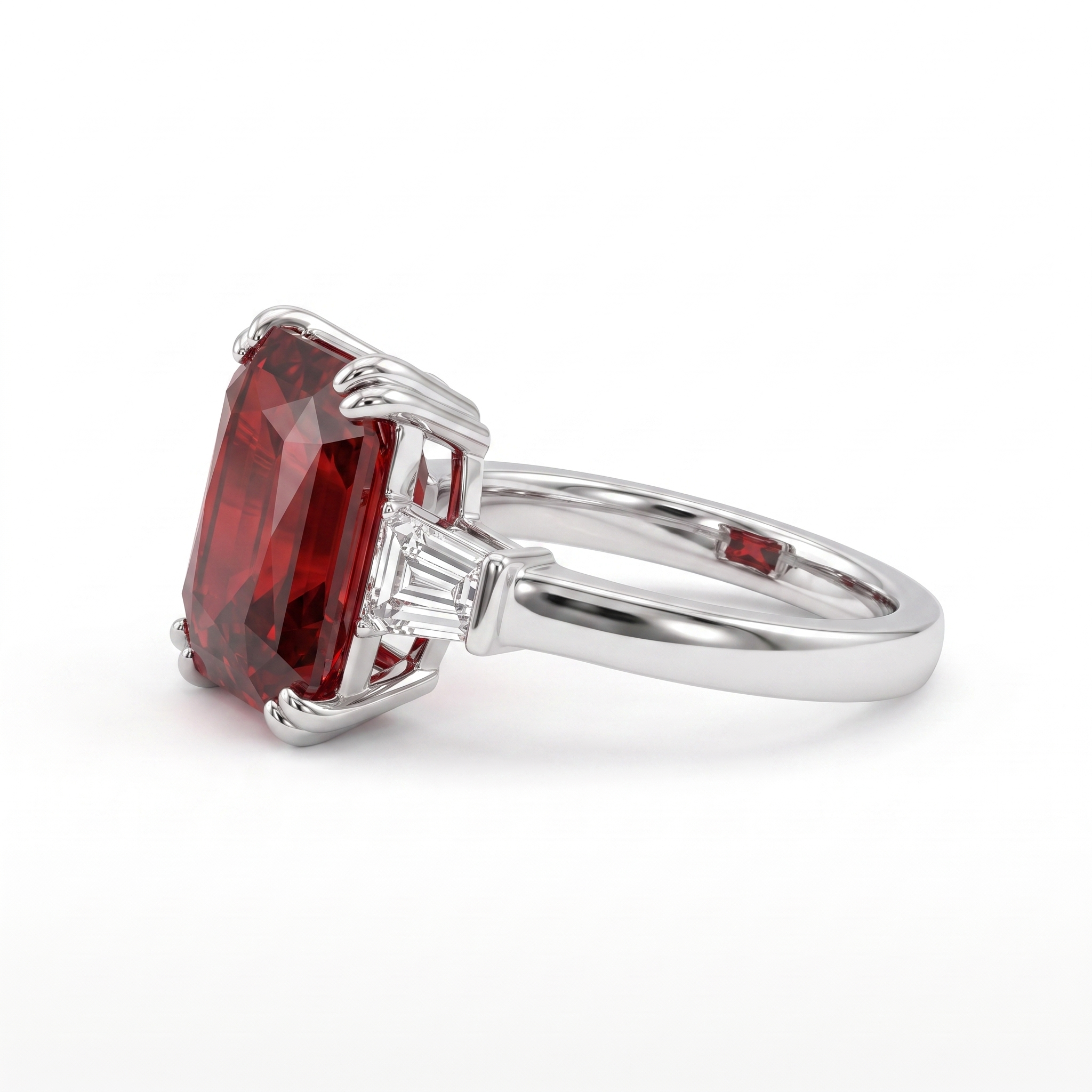 Emerald-Cut Deep Red Stone Three-Stone Ring in 925 Sterling Silver Secondary image