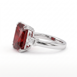 Emerald-Cut Deep Red Stone Three-Stone Ring in 925 Sterling Silver