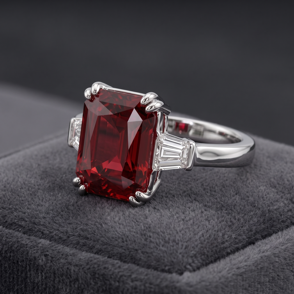 Emerald-Cut Deep Red Stone Three-Stone Ring in 925 Sterling Silver