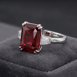 Emerald-Cut Deep Red Stone Three-Stone Ring in 925 Sterling Silver