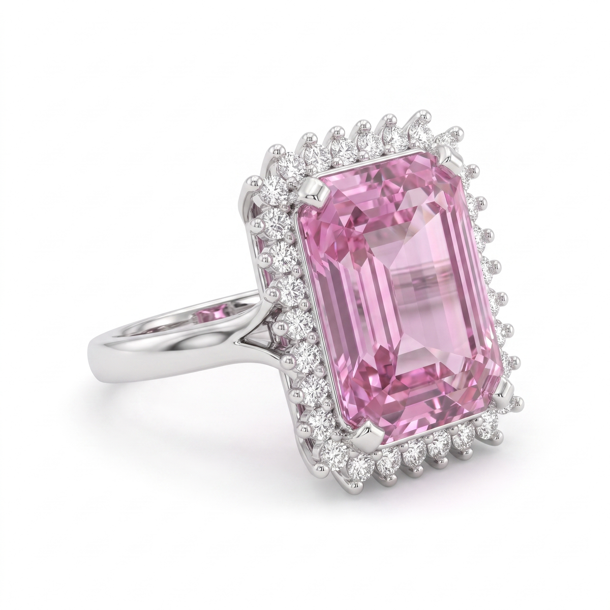 Emerald-Cut Pink Stone Halo Statement Ring in 925 Sterling Silver