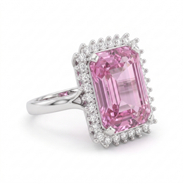 Emerald-Cut Pink Stone Halo Statement Ring in 925 Sterling Silver