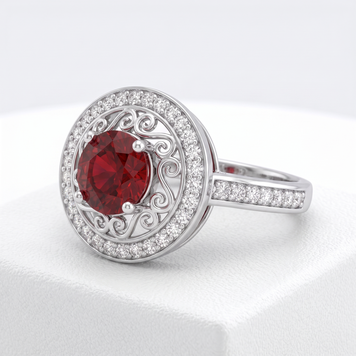 Red Round Stone Filigree Halo Ring in 925 Sterling Silver