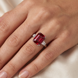 Emerald-Cut Deep Red Stone Three-Stone Ring in 925 Sterling Silver