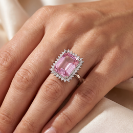 Emerald-Cut Pink Stone Halo Statement Ring in 925 Sterling Silver