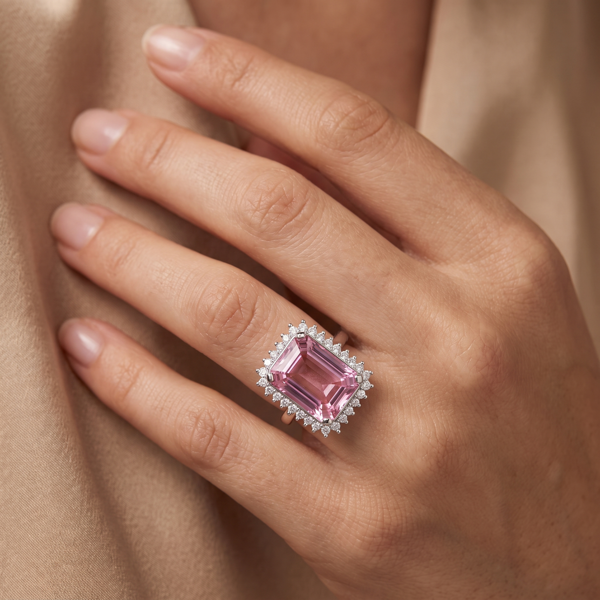 Emerald-Cut Pink Stone Halo Statement Ring in 925 Sterling Silver