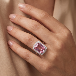 Emerald-Cut Pink Stone Halo Statement Ring in 925 Sterling Silver