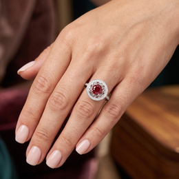 Red Round Stone Filigree Halo Ring in 925 Sterling Silver