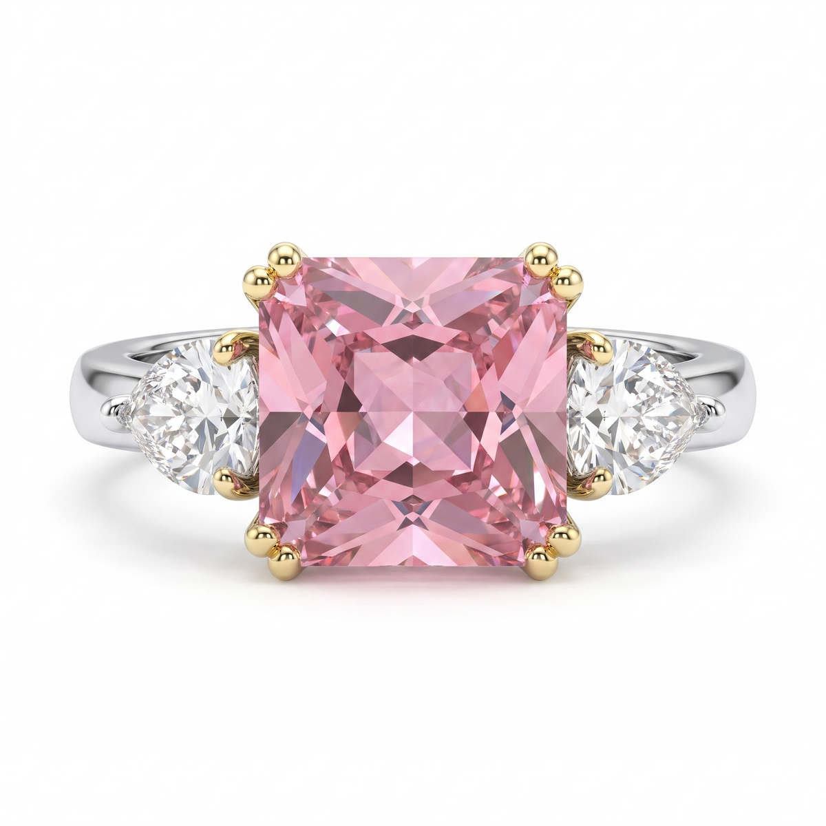 Princess-Cut Pink Stone Three-Stone Ring with Pear-Cut White Side Stones in 925 Sterling Silver Main image