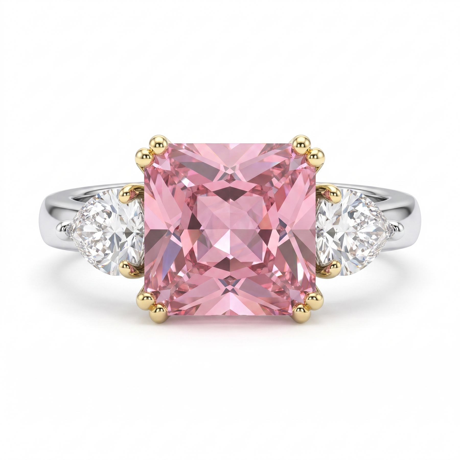 Princess-Cut Pink Stone Three-Stone Ring with Pear-Cut White Side Stones in 925 Sterling Silver