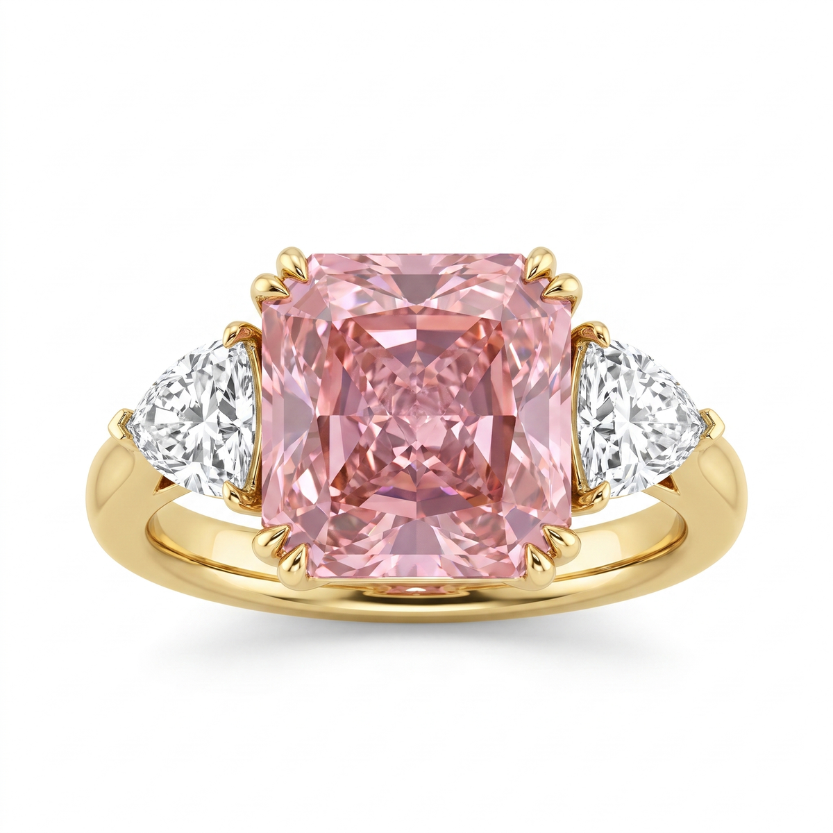 Princess-Cut Pink Stone Three-Stone Ring with Trillion-Cut White Side Stones in Gold-Tone 925 Sterling Silver