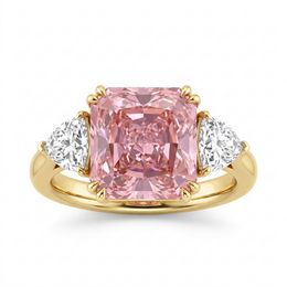 Princess-Cut Pink Stone Three-Stone Ring with Trillion-Cut White Side Stones in Gold-Tone 925 Sterling Silver