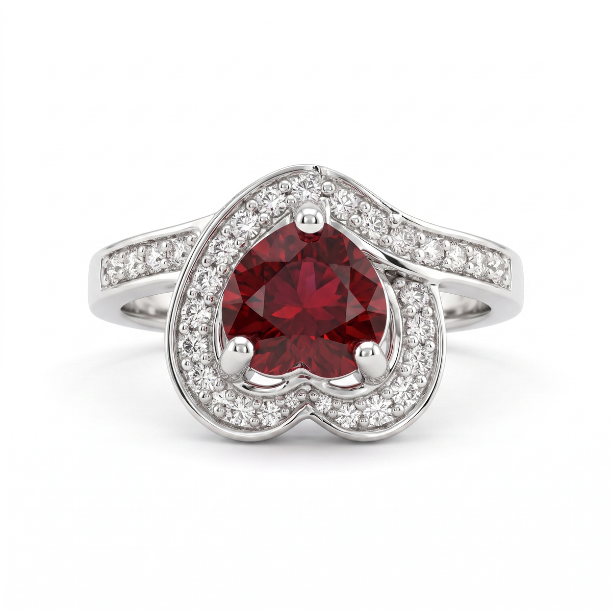 Heart-Shaped Red Stone Halo Ring with White Accent Stones in 925 Sterling Silver