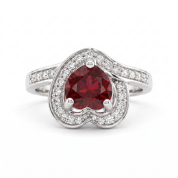 Heart-Shaped Red Stone Halo Ring with White Accent Stones in 925 Sterling Silver