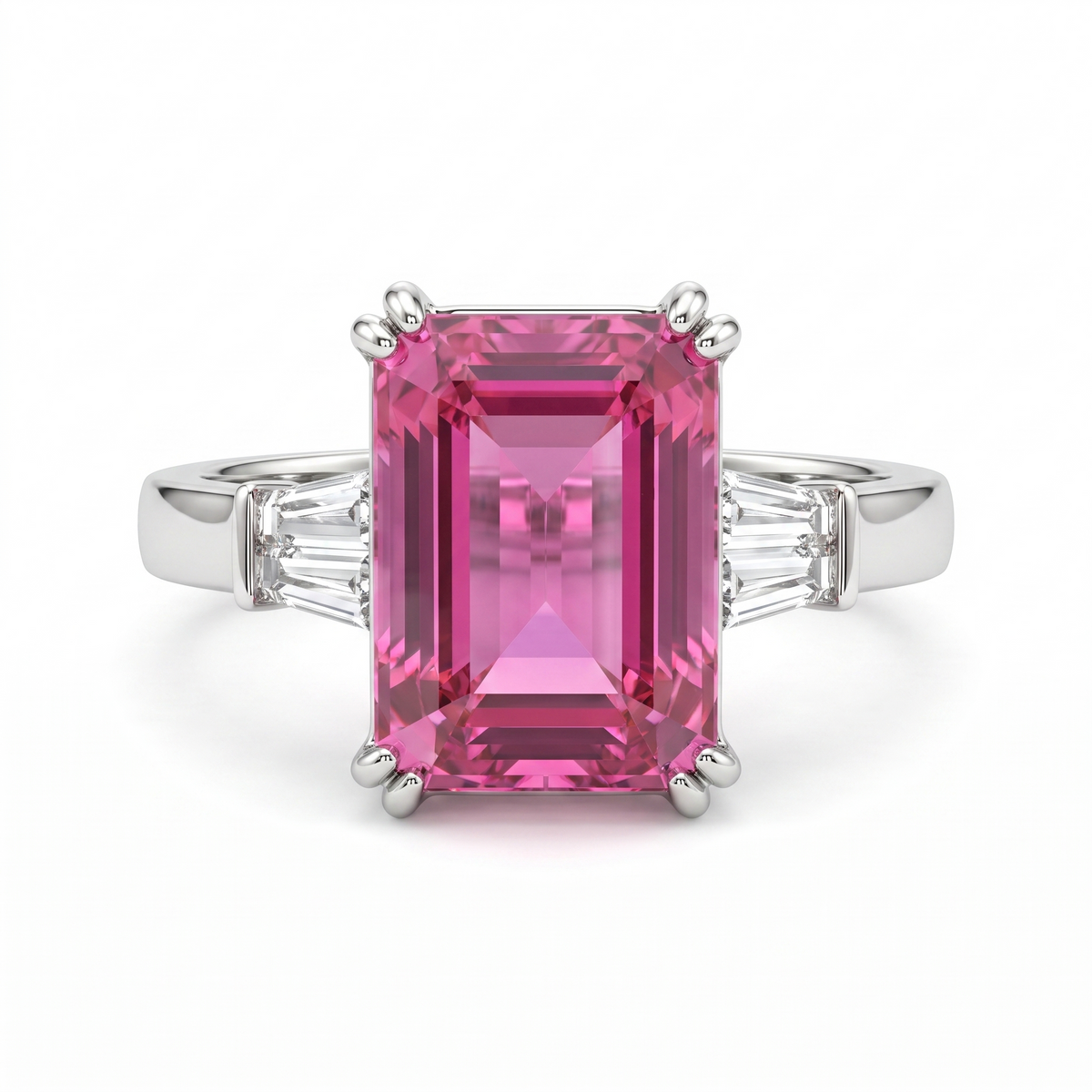 Emerald-Cut Pink Stone Three-Stone Ring with Tapered White Side Stones in 925 Sterling Silver