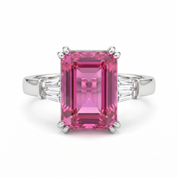 Emerald-Cut Pink Stone Three-Stone Ring with Tapered White Side Stones in 925 Sterling Silver