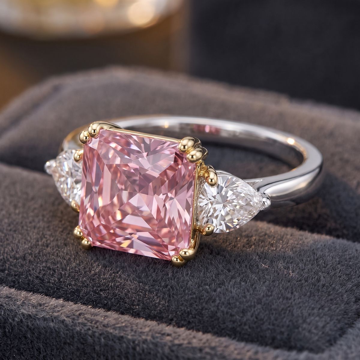 Princess-Cut Pink Stone Three-Stone Ring with Pear-Cut White Side Stones in 925 Sterling Silver