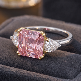 Princess-Cut Pink Stone Three-Stone Ring with Pear-Cut White Side Stones in 925 Sterling Silver