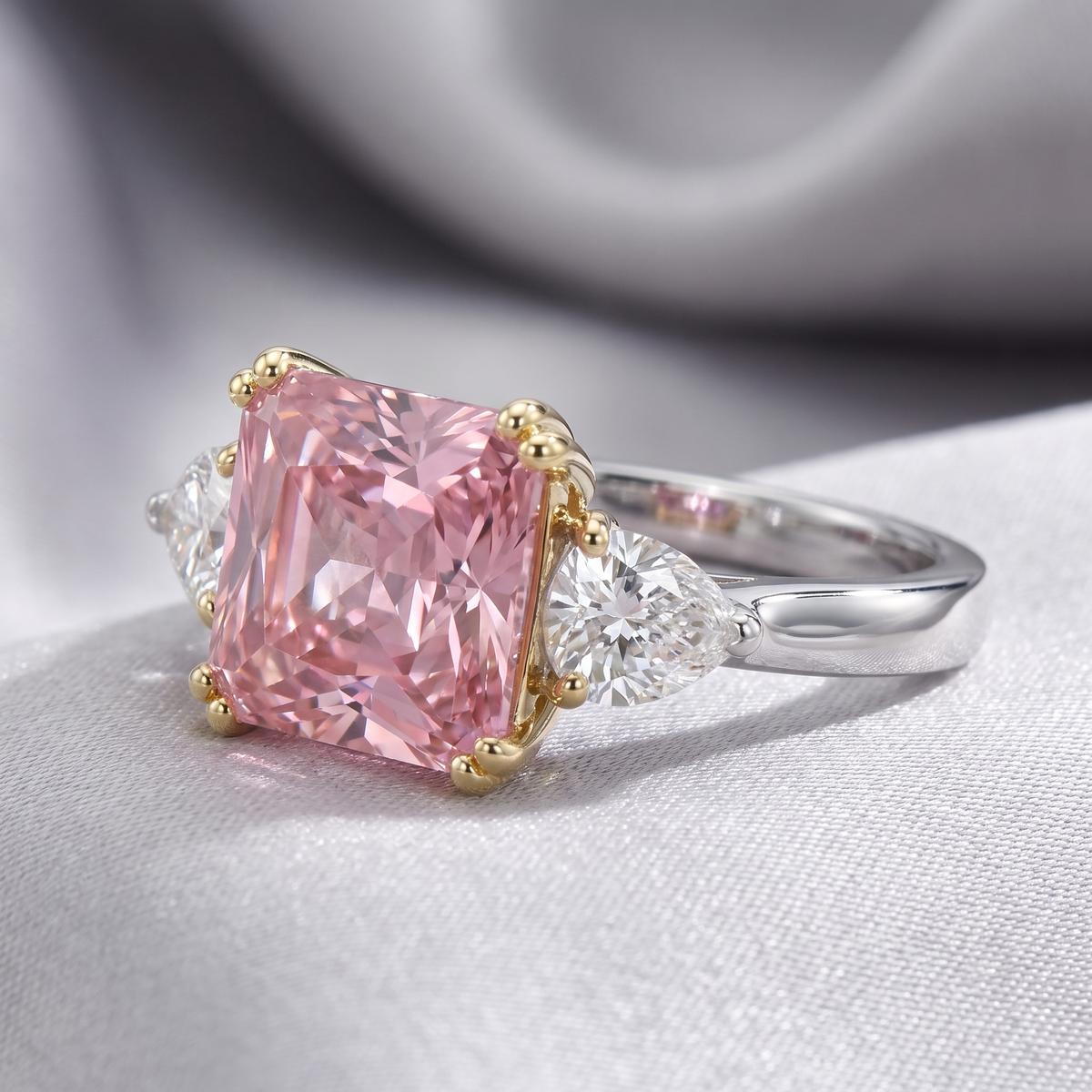 Princess-Cut Pink Stone Three-Stone Ring with Pear-Cut White Side Stones in 925 Sterling Silver