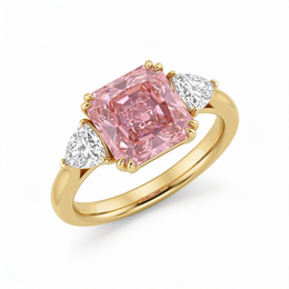 Princess-Cut Pink Stone Three-Stone Ring with Trillion-Cut White Side Stones in Gold-Tone 925 Sterling Silver