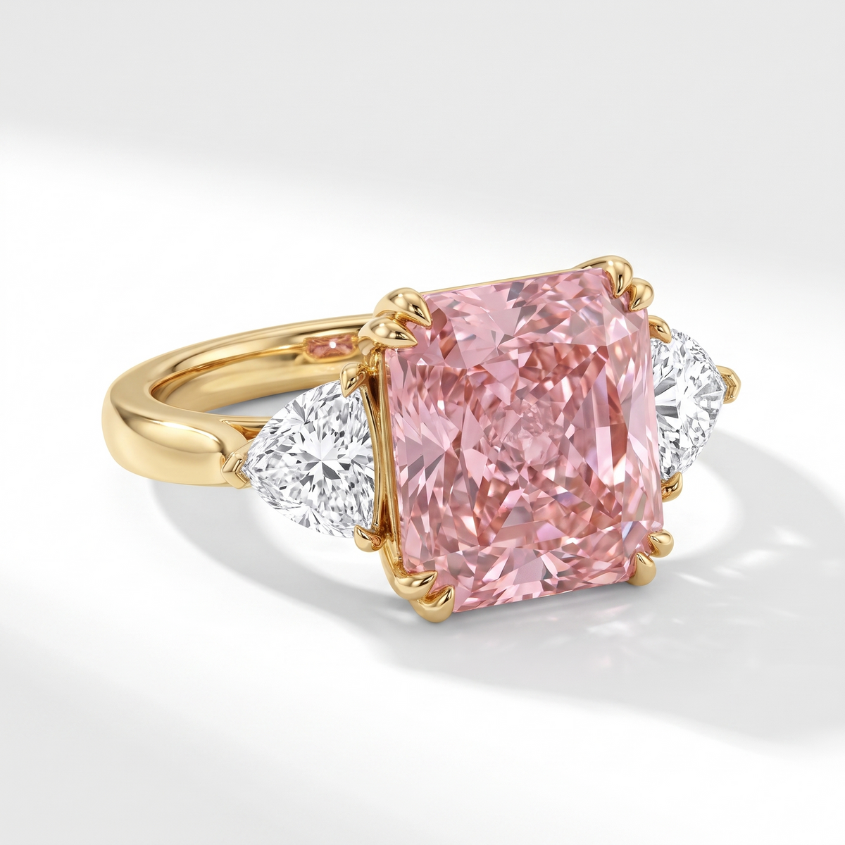 Princess-Cut Pink Stone Three-Stone Ring with Trillion-Cut White Side Stones in Gold-Tone 925 Sterling Silver