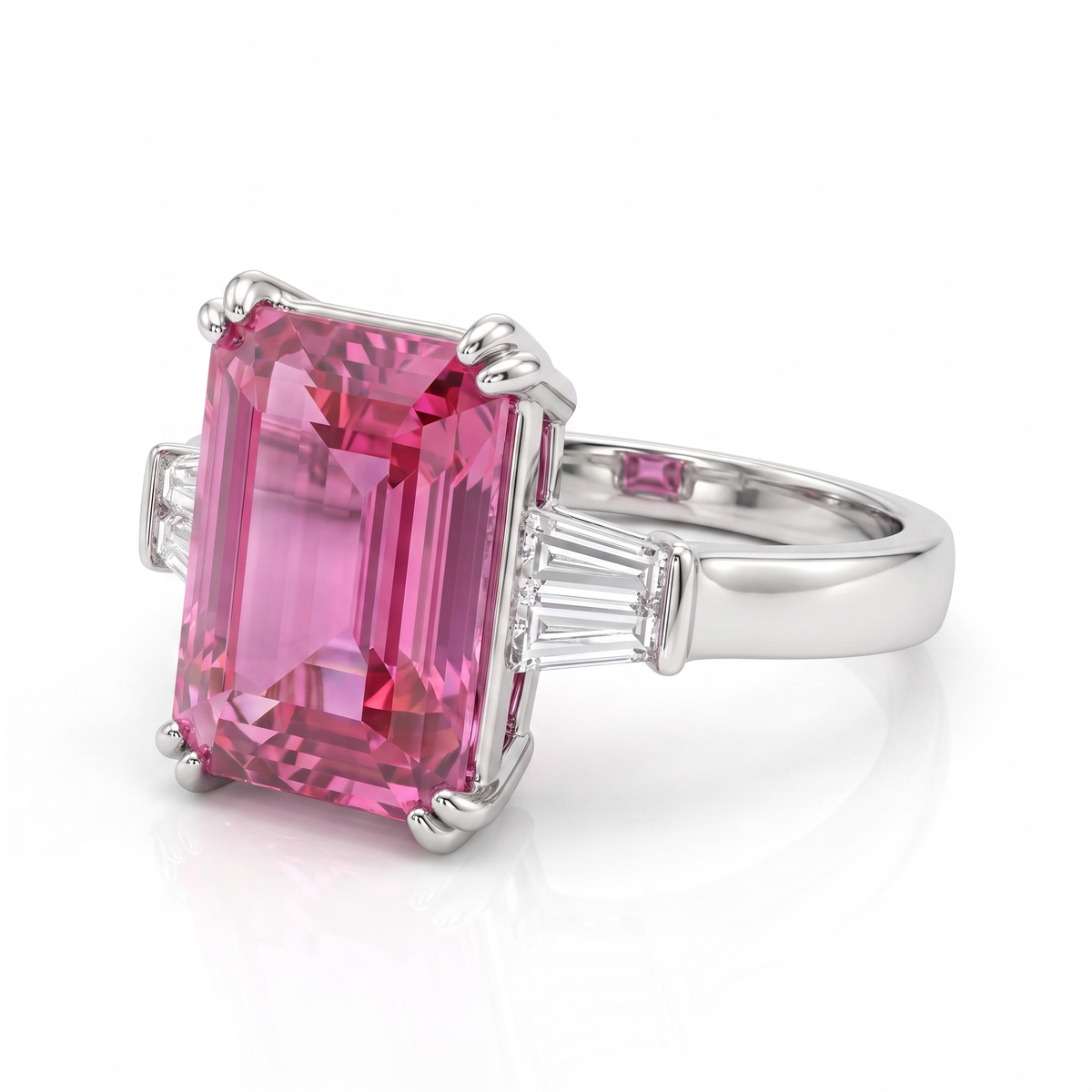 Emerald-Cut Pink Stone Three-Stone Ring with Tapered White Side Stones in 925 Sterling Silver