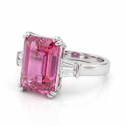 Emerald-Cut Pink Stone Three-Stone Ring with Tapered White Side Stones in 925 Sterling Silver