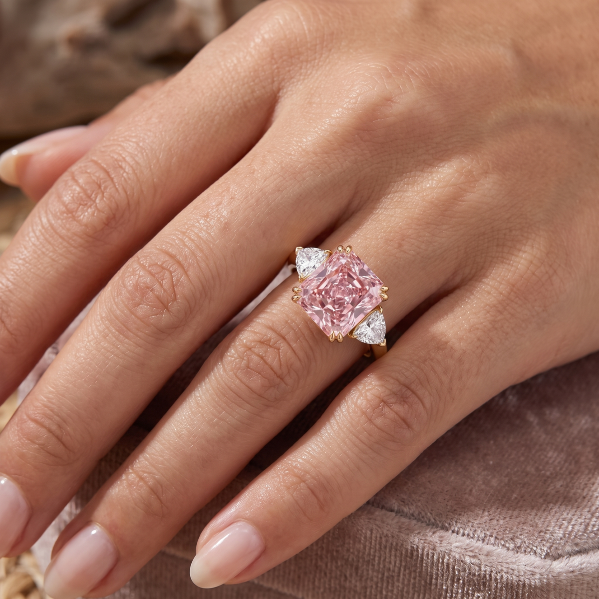 Princess-Cut Pink Stone Three-Stone Ring with Trillion-Cut White Side Stones in Gold-Tone 925 Sterling Silver