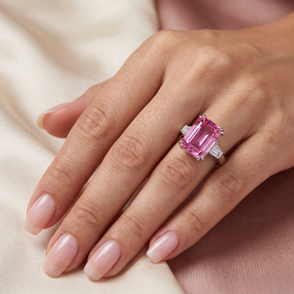 Emerald-Cut Pink Stone Three-Stone Ring with Tapered White Side Stones in 925 Sterling Silver
