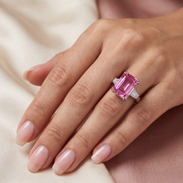 Emerald-Cut Pink Stone Three-Stone Ring with Tapered White Side Stones in 925 Sterling Silver