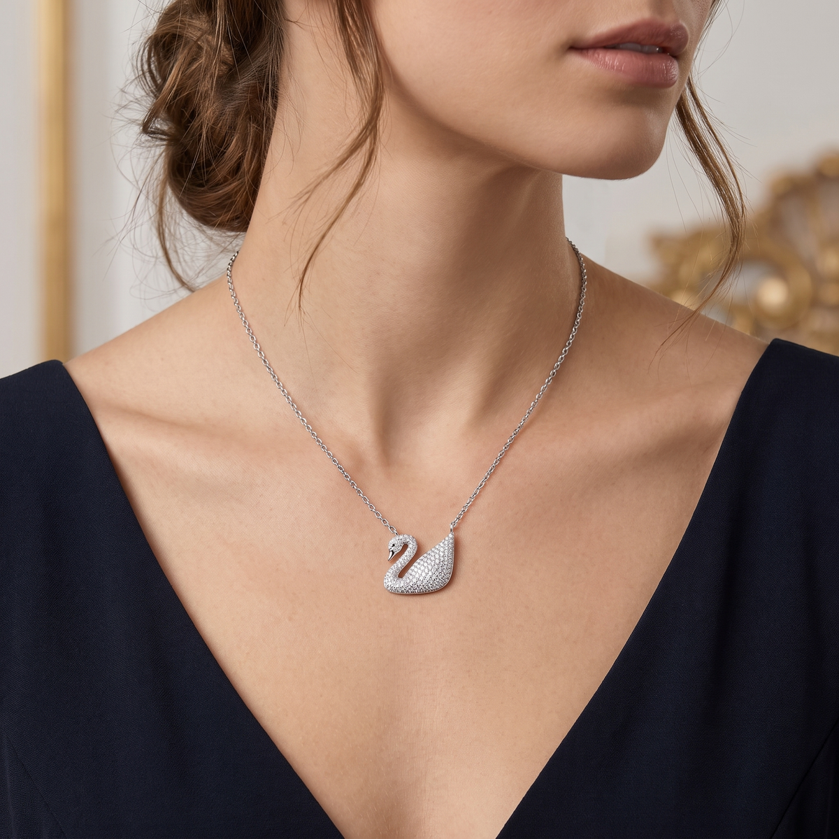 Swan Pavé White Stone Pendant Necklace in 925 Sterling Silver