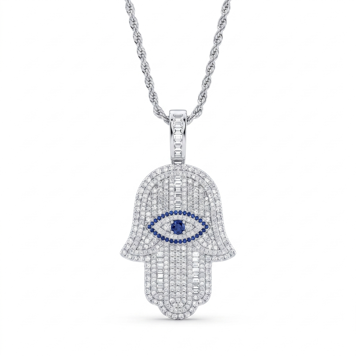 Hamsa Hand Evil Eye Pavé Pendant Necklace with Blue & White Stones in 925 Sterling Silver Main image
