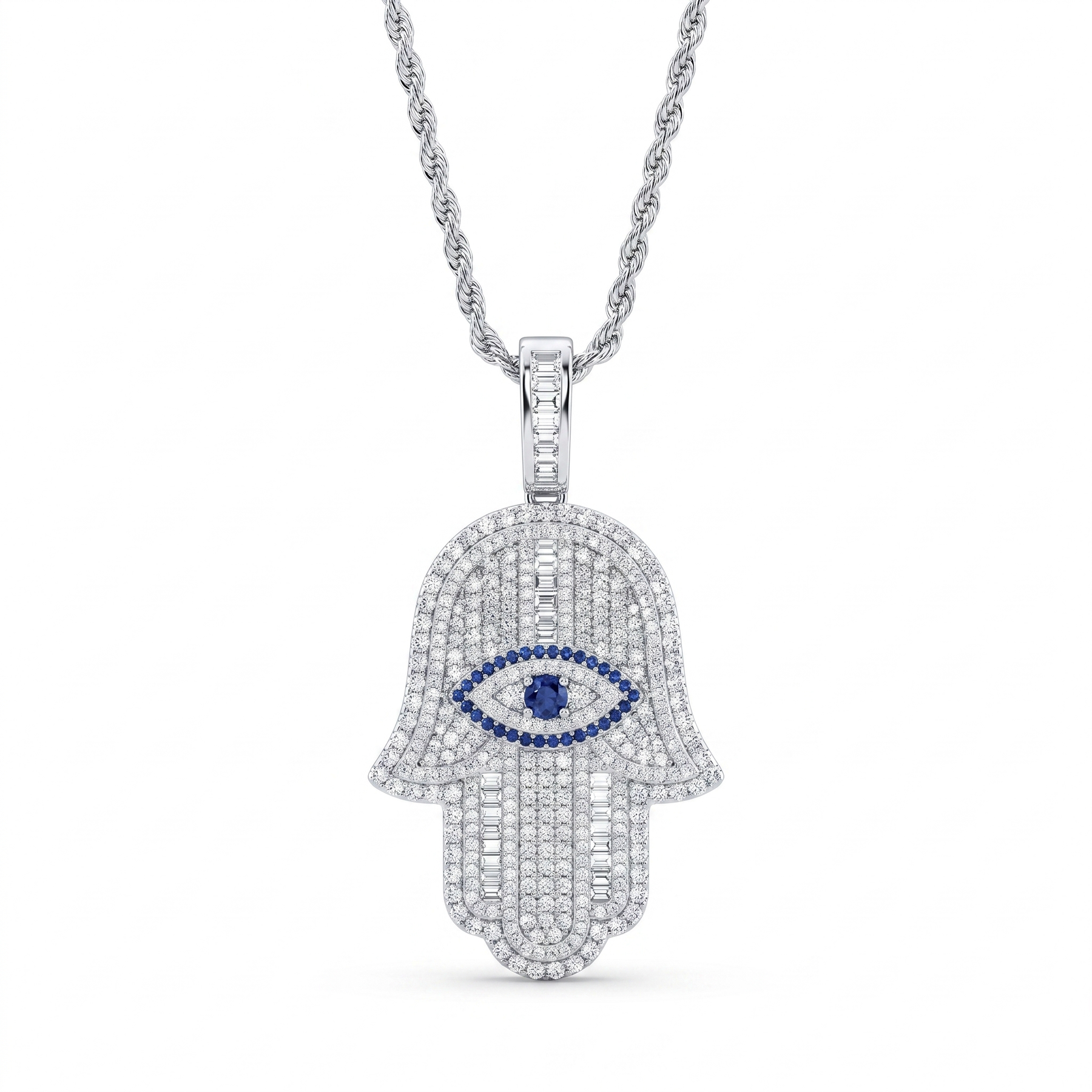 Hamsa Hand Evil Eye Pavé Pendant Necklace with Blue & White Stones in 925 Sterling Silver