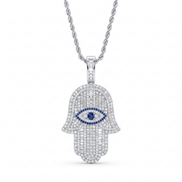 Hamsa Hand Evil Eye Pavé Pendant Necklace with Blue & White Stones in 925 Sterling Silver