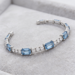 Sky Blue Emerald-Cut & White Stone Tennis Bracelet in 925 Sterling Silver