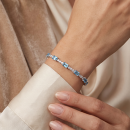 Sky Blue Emerald-Cut & White Stone Tennis Bracelet in 925 Sterling Silver