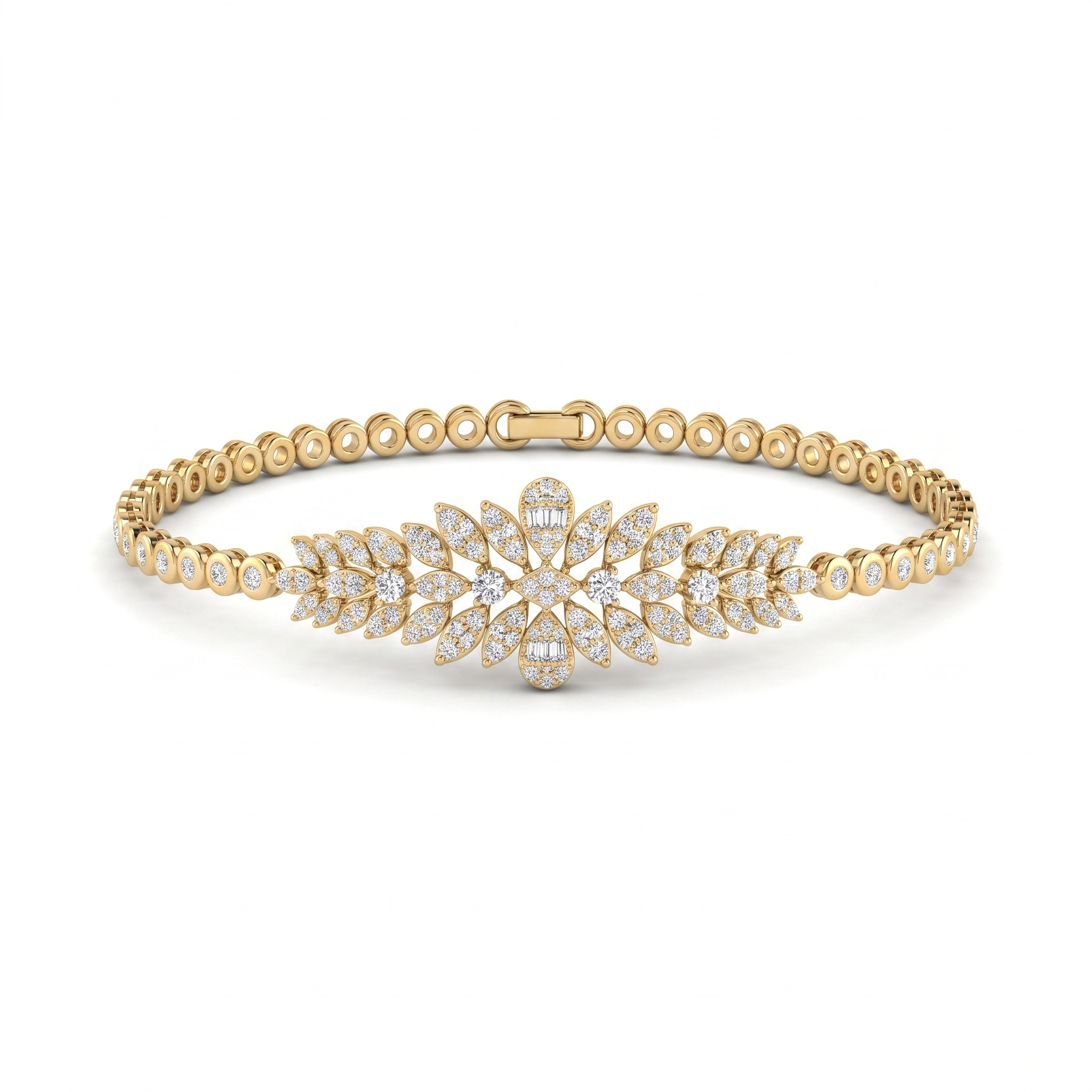 Floral Leaf White Stone Statement Bracelet in Gold-Tone 925 Sterling Silver Secondary image