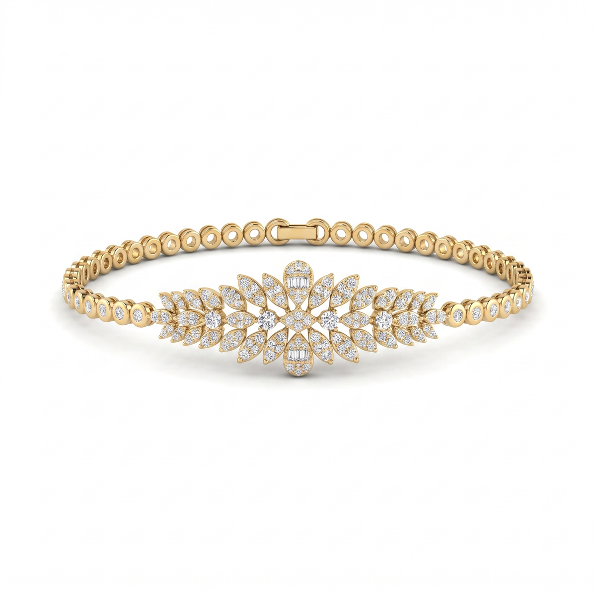 Floral Leaf White Stone Statement Bracelet in Gold-Tone 925 Sterling Silver