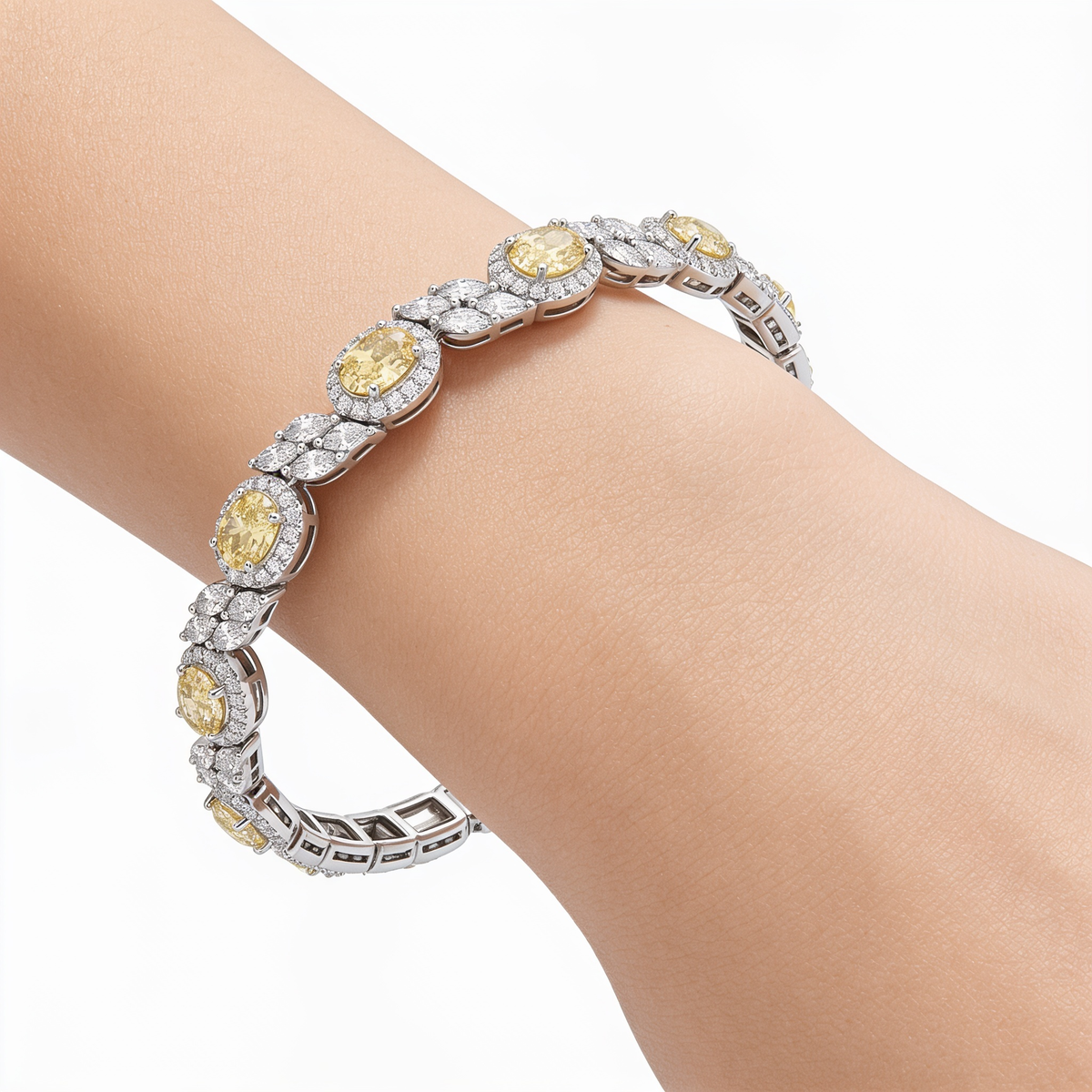 Yellow & White American Diamond Halo Tennis Bracelet in 925 Silver