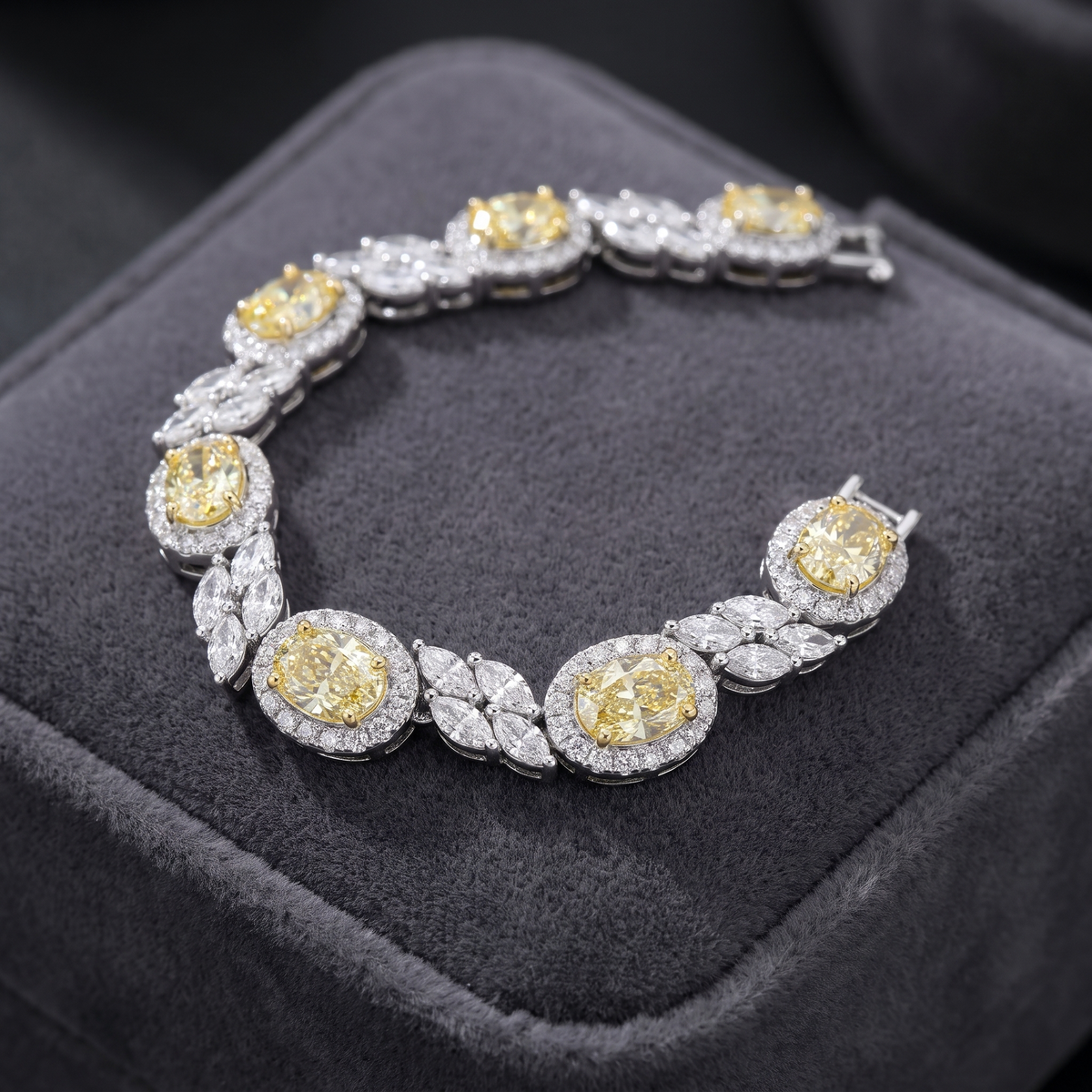 Yellow & White American Diamond Halo Tennis Bracelet in 925 Silver