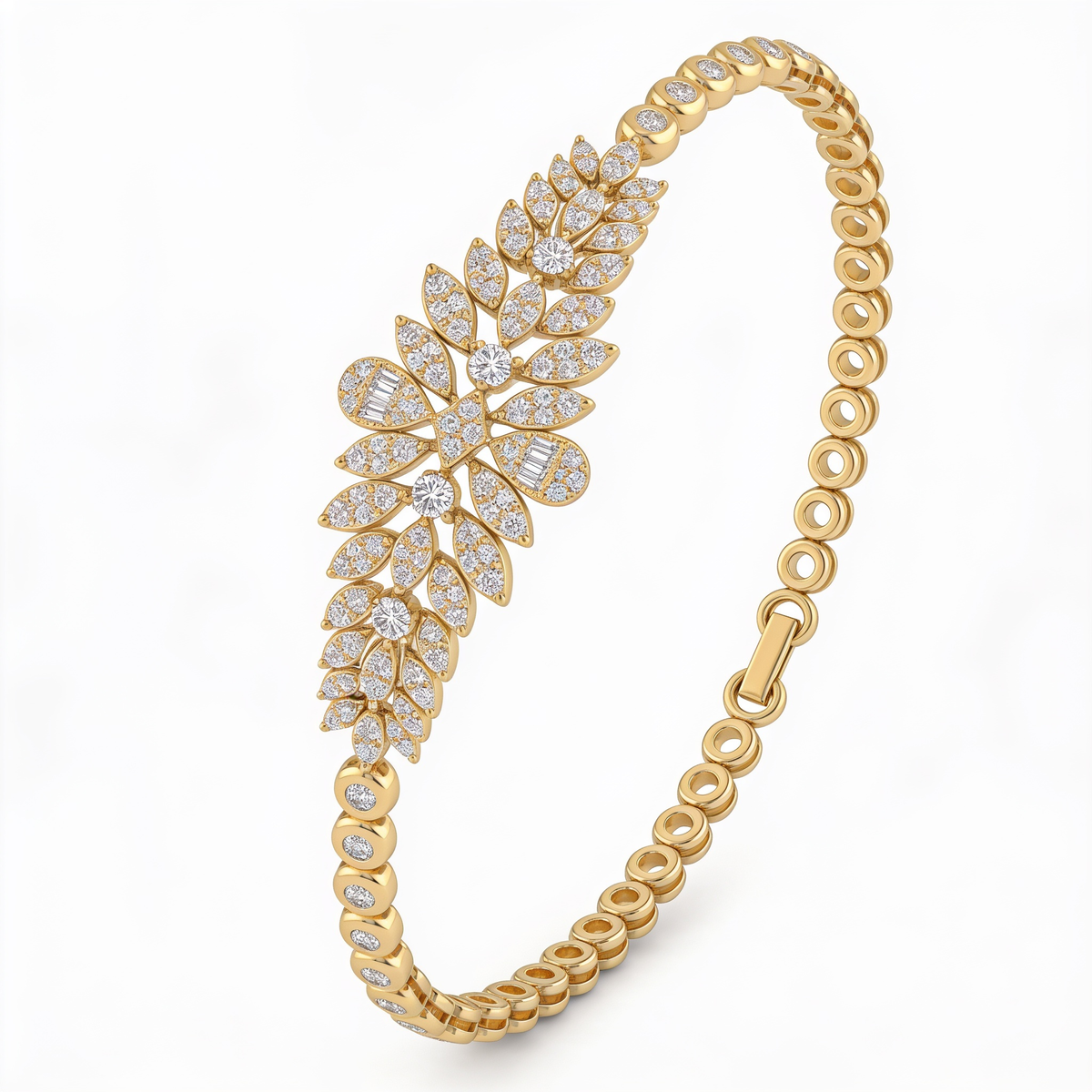 Floral Leaf White Stone Statement Bracelet in Gold-Tone 925 Sterling Silver
