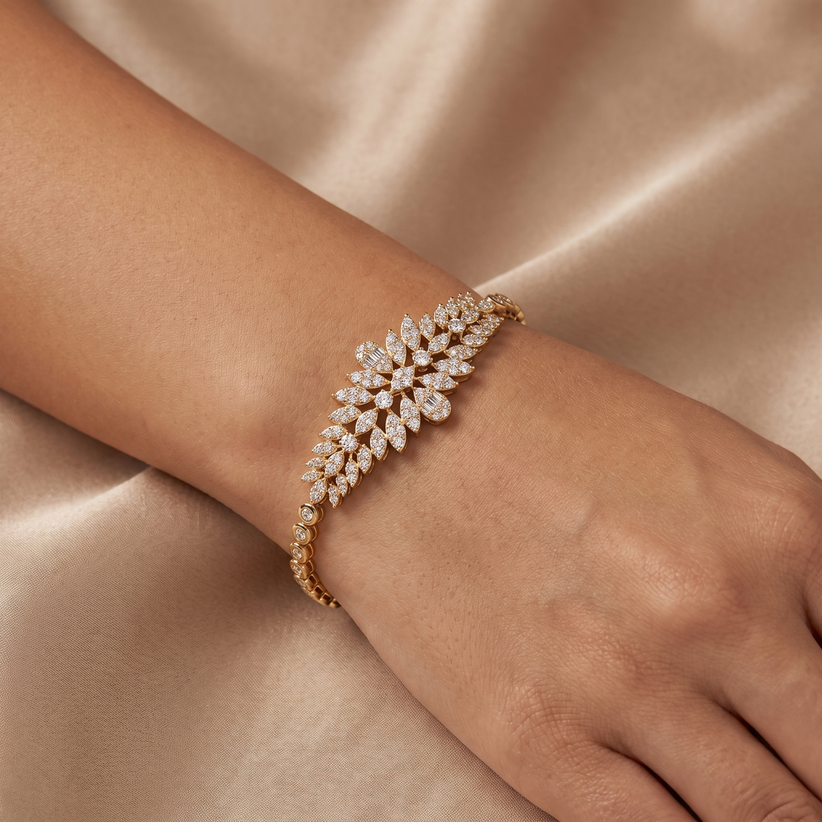 Floral Leaf White Stone Statement Bracelet in Gold-Tone 925 Sterling Silver