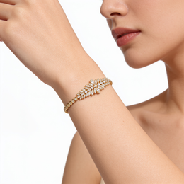 Floral Leaf White Stone Statement Bracelet in Gold-Tone 925 Sterling Silver